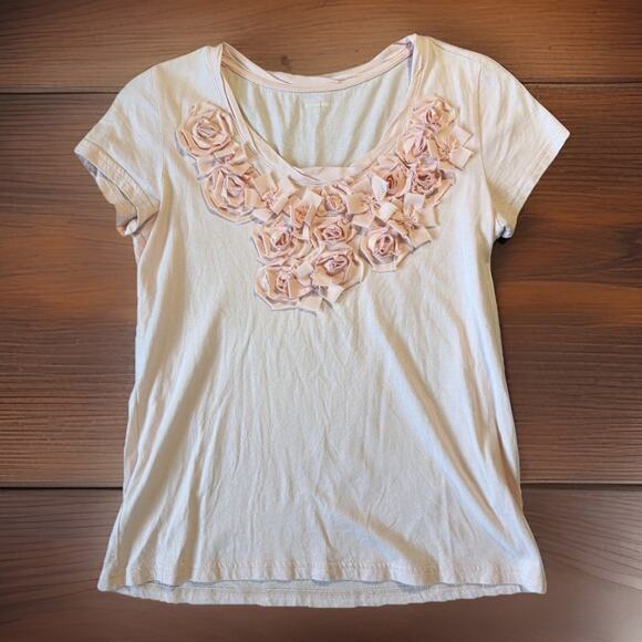 Garnet Hill Tops - Garnet Hill Blush Pink Rosette Floral Tee Sz M Cotton Modal Coquette Romantic